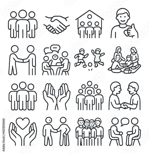 Community linear icon set. featuring people, teamwork, handshake, meeting, support, group, family, friendship.