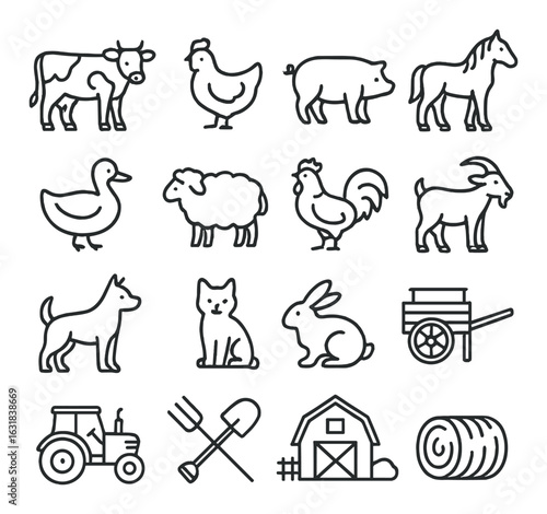 Farm animals linear icon set. containing cow, chicken, horse, duck, sheep, goat, dog, cat, rabbit, tractor, barn.