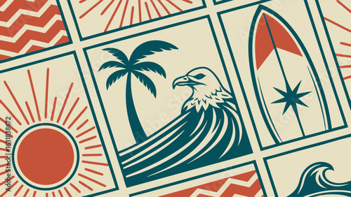 Retro Surf and Beach Graphic Collage.