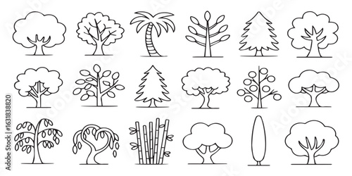 Whimsical tree doodle icon set featuring hand-drawn black and white sketches of apple, palm, pine, willow, bamboo, maple, oak, and cypress trees. Cute cartoon-style illustrations perfect for nature, f