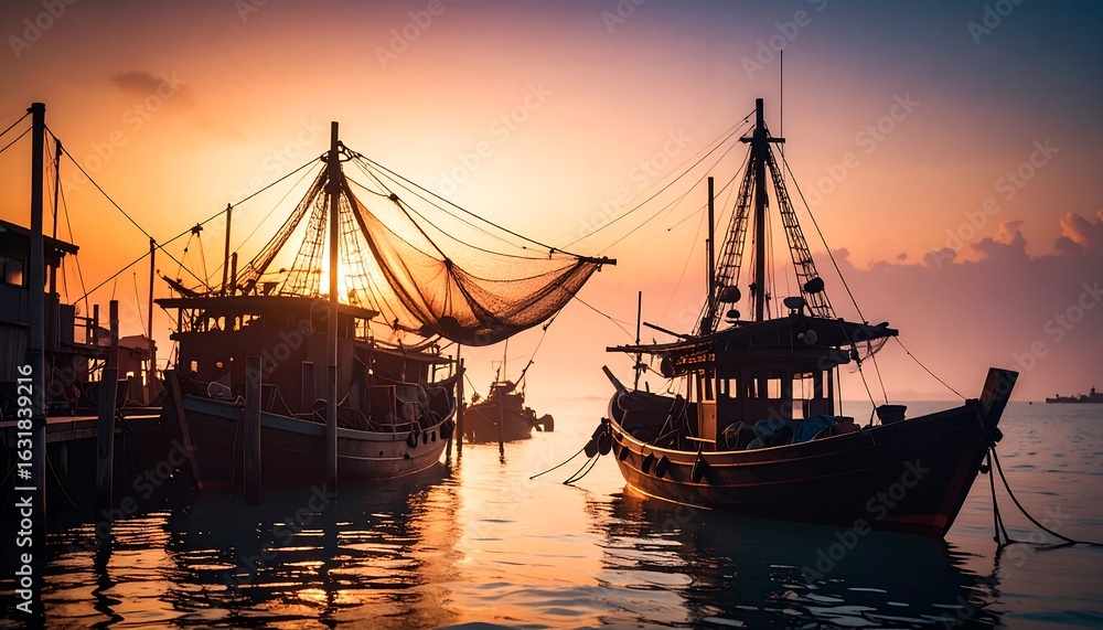 Naklejka premium Fishing Boats Silhouetted at Sunset in Harbor Water