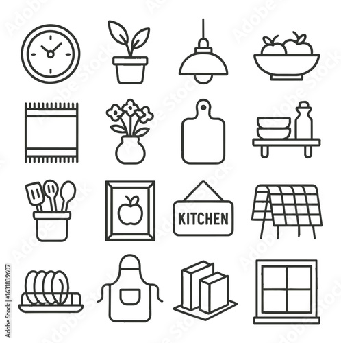 Home decor linear icons set: clock, plant, lamp, bowl, rug, vase, chopping board, shelf, utensils, frame, kitchen, dish rack