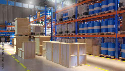 Fototapeta Naklejka Na Ścianę i Meble -  Industrial warehouse interior. Distribution center with containers and barrels. Factory warehouse in hangar. Storage area interior with shelves. Warehouse business. Logistics storage. 3d image