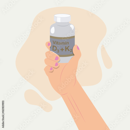Hand hold Vitamin D3 and K2 bottle design illustration