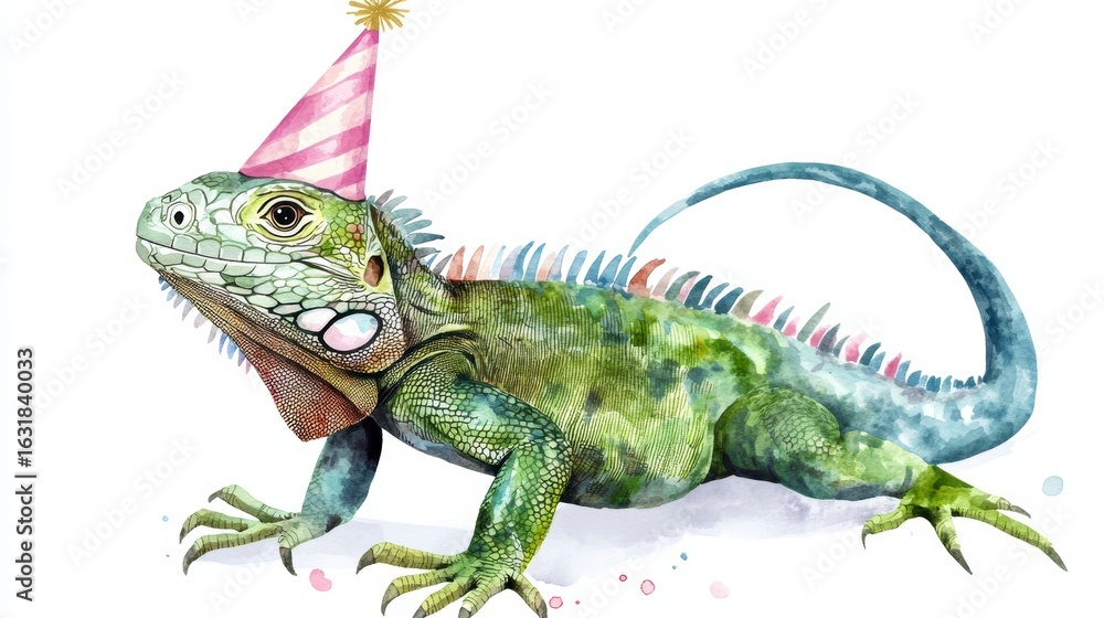 Obraz premium Festive green iguana wearing a party hat.