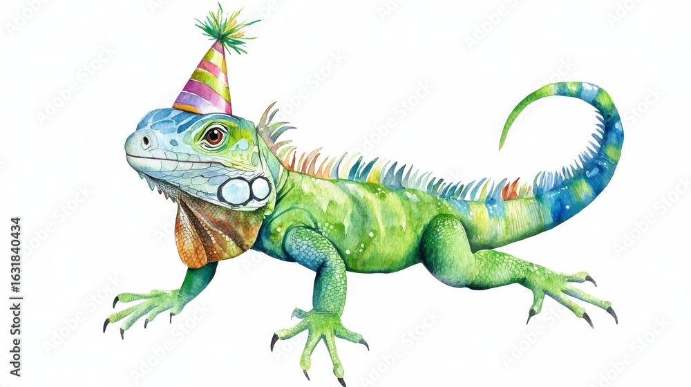 Fototapeta premium Festive iguana wearing a party hat and glasses.