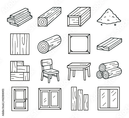 Construction linear icon set. containing wood, lumber, log, frame, chair, table, window, door, and more.