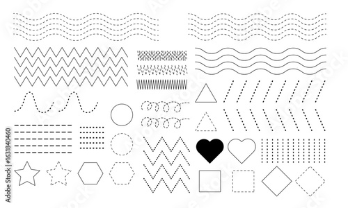 Wavy lines, zigzag lines,  horizontal lines, vertical lines, curved lines, and slanting lines with basic shape collection for your design. Polygonal elements with sharp, rounded edges heart Vector