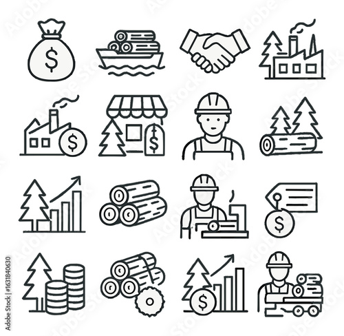 Forestry linear icon set. containing factory, logs, worker, handshake, growth chart, saw, and more.