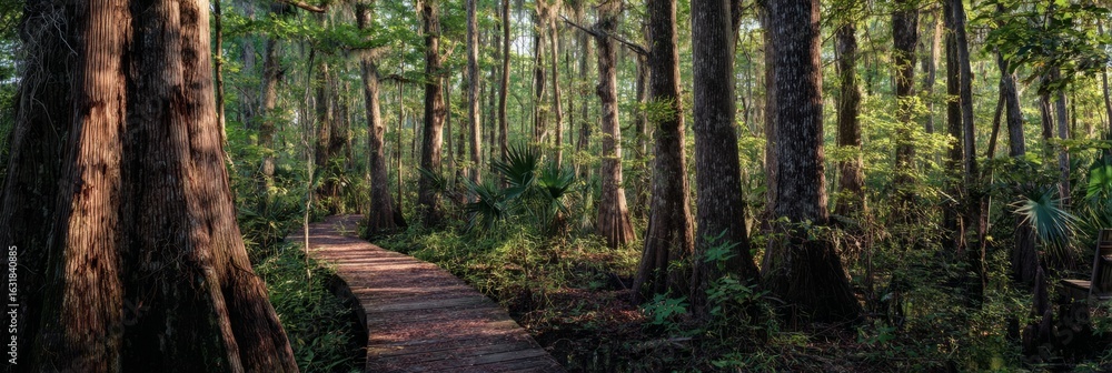 Obraz premium Sunlight filters through tall cypress trees, illuminating a wooden boardwalk winding through a lush humid subtropical forest, creating a peaceful nature experience, Southeast, Humid Subtropical 