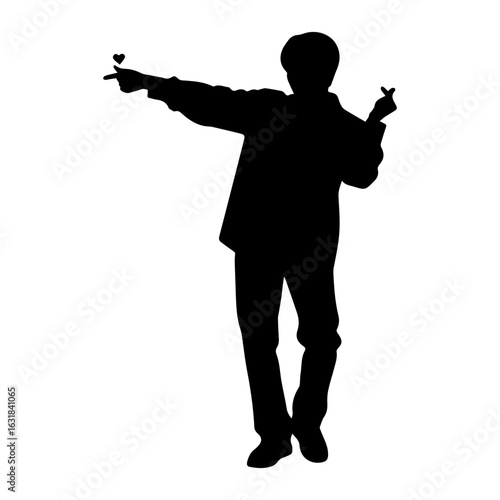 Kpop idol finger heart pose, in flat design silhouette. Kpop idol cartoon. White background. Colored cartoon with line art and white background. AI generated image.	