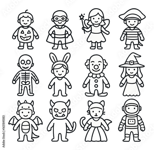 Halloween silhouette icon set. containing vampire, fairy, pirate, skeleton, bunny, clown, witch, dragon, devil, cat, astronaut.