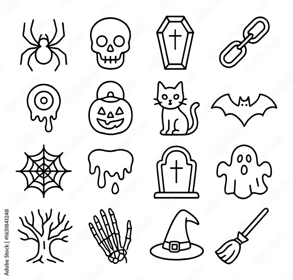 Fototapeta premium Halloween linear icon set. featuring spider, skull, coffin, jack-o-lantern, cat, bat, and more.