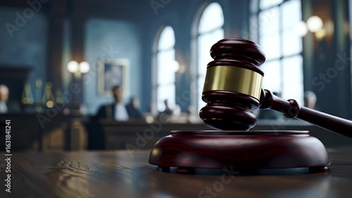 Close Up Wooden Gavel in Blue Courtroom with Window Light Judge in Background