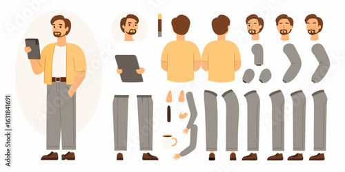 Man character design kit with various poses and accessories