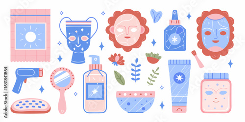 Cute skincare routine elements and face masks