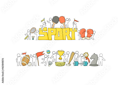 Sport icons with doodle people and objects. Doodle sport trophy, soccer and rugby balls, gold medal, boxing glove and kettlebell. Sketch of sport awards and equipment, golden cup, badminton shuttlecoc