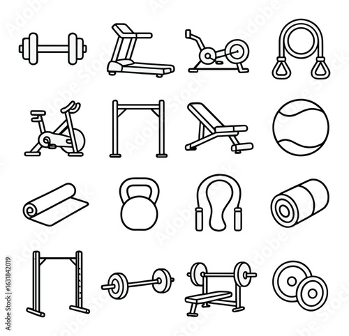 Fitness linear icon set. including dumbbell, treadmill, exercise bike, kettlebell, yoga mat, and more.