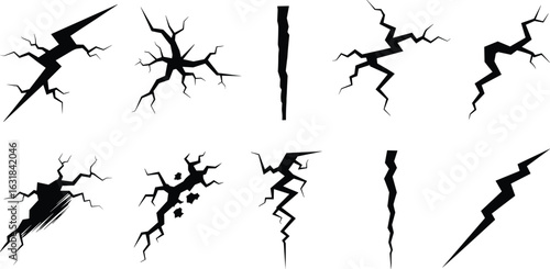Realistic cracks and fractures vector set, earthquake damage illustration, broken surface texture, structural fault lines, fissure design elements for digital art and design projects