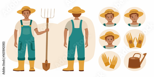 Farmer with pitchfork and shovel and farming accessories