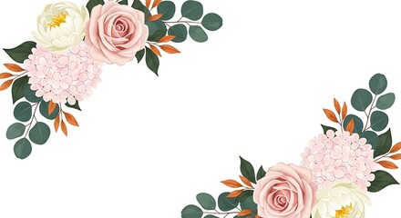 Pink and white roses with hydrangea and eucalyptus corner floral arrangement pink rose