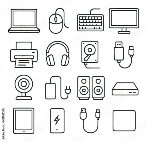 Technology linear icon set: laptop, mouse, keyboard, monitor, printer, headphones, hard drive, usb, camera