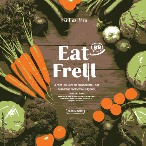 Eat Fresh promotional poster with a variety of organic vegetables on a rustic wooden table. Vector illustration for healthy food.