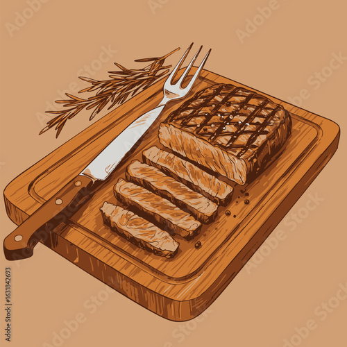 A vintage-style hand-drawn illustration of a grilled and sliced beef steak on a wooden cutting board with cutlery and rosemary garnish.