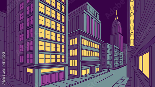 Stylized Illustration of a City Street with Buildings at Night.