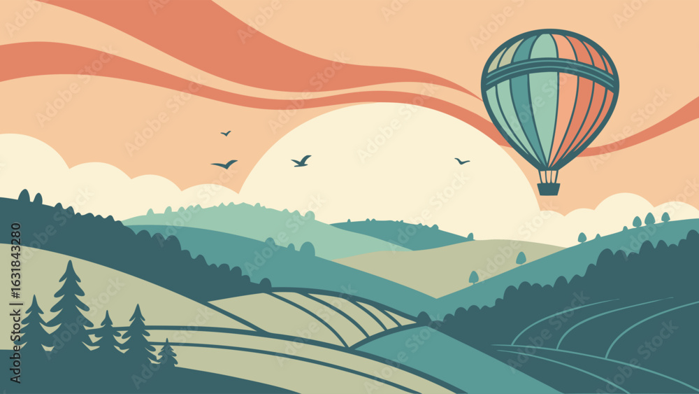 Fototapeta premium Stylized Landscape with Hot Air Balloon Hills Trees and Birds in Flight.