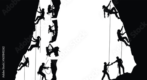 Rock climbing silhouette vector set, mountain climbers teamwork illustration, extreme sport adventure, cliff climbing group, outdoor activity design, rope safety graphic
