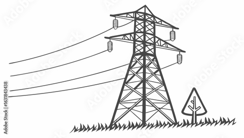 Stylized Power Line Tower with Cables and a Small Tree.