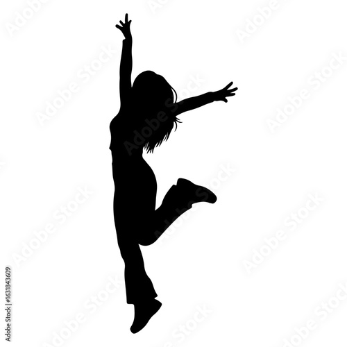 Girl Kpop idol jumping pose. Kpop idol cartoon. White background. Colored cartoon with line art and white background. AI generated image.	
