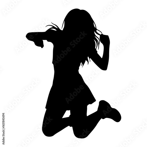 Girl Kpop idol jumping pose. Kpop idol cartoon. White background. Colored cartoon with line art and white background. AI generated image.	