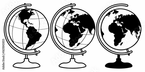 Three globes showing different continents america africa and asia in black and white illustration