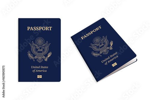 US Passport and Official Seal Illustration. American Travel ID Document Vector Graphic Design