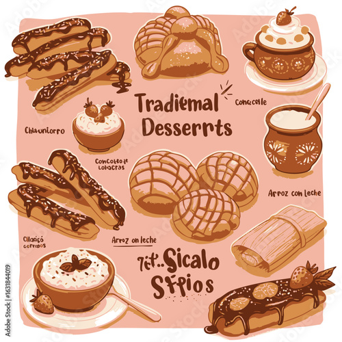A collection of traditional Mexican desserts, including pastries, breads, and creamy drinks, illustrated in a charming, hand-drawn style.
