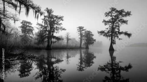 Foggy Lake with Cypress Trees and Reflections, Black and White