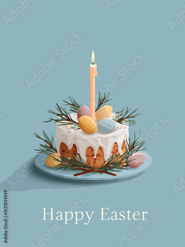 Easter Pascha Bread with Candle and Pussy Willows Vector Illustration