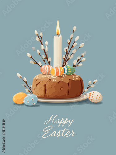 Easter Pascha Bread with Candle and Pussy Willows Vector Illustration