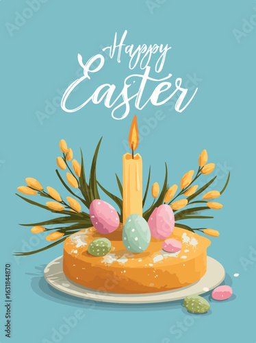 Easter Pascha Bread with Candle and Pussy Willows Vector Illustration