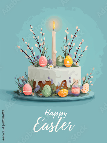 Easter Pascha Bread with Candle and Pussy Willows Vector Illustration