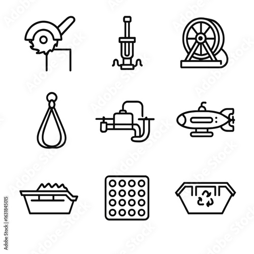 Decommissioning Tools Icons. Line style icons of Decommissioning Tools: monopile cutting saw, grout plug extractor, cable recovery