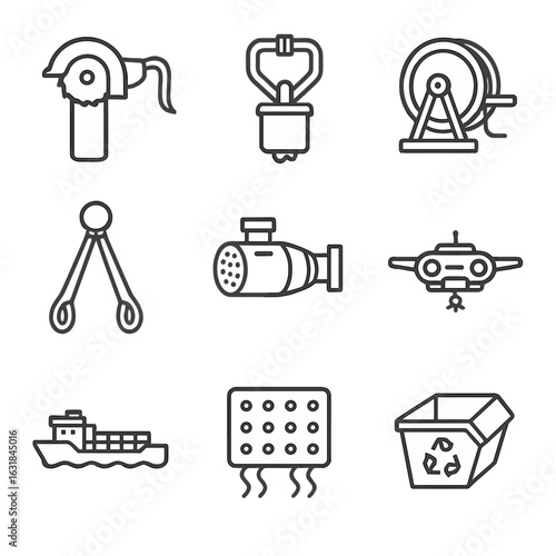 Decommissioning Tools Icons. Line style icons of Decommissioning Tools: monopile cutting saw, grout plug extractor, cable recovery