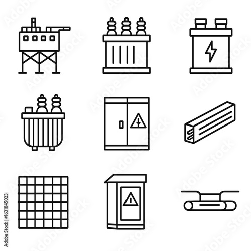 Grid Connection Icons. Line style icons of Grid Connection Infrastructure: offshore substation topside, HVAC transformer, HVDC