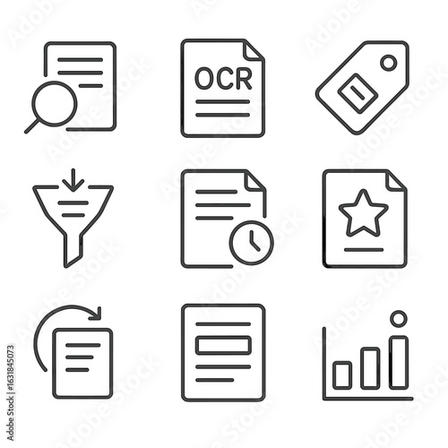 Document Search Icons. Line style icons of Document Search Functions: magnifier glass, OCR page, keyword tag, advanced filter