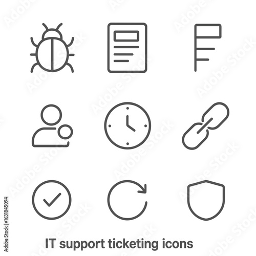 IT Support Icons. Line style icons of IT Support Ticketing: bug beetle, ticket form, priority ladder, assign user, SLA clock,