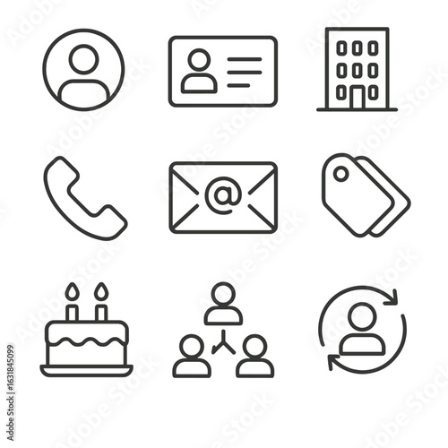 Contact Management Icons. Line style icons of Contact Management Cards: profile avatar, business card, company building, phone