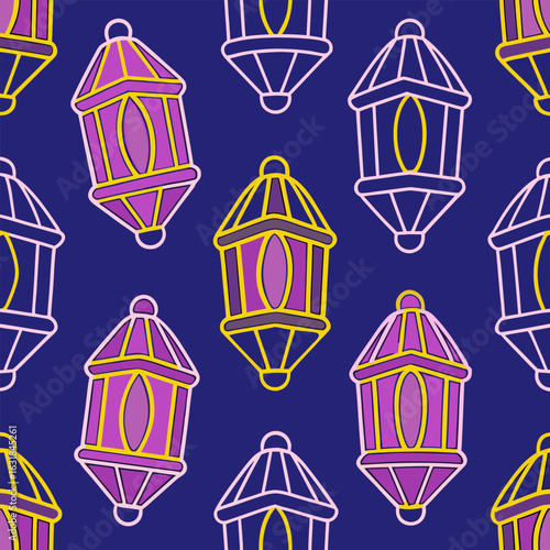 Elegant islamic lantern pattern with intricate geometric details creating a seamless and decorative texture on a dark background perfect for cultural and festive designs