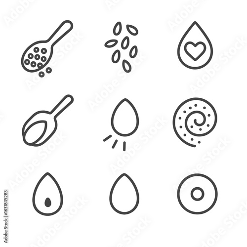 Smoothie Seed Icons. Outline style icon of Smoothie Booster Seeds: chia spoon, flax sprinkle, hemp heart drop, pumpkin seed scoop,